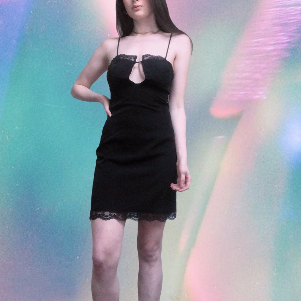 solemio black lace spaghetti strap dress